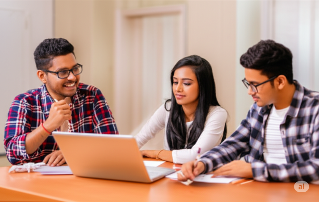 Diverse Indian students collaborating on a project.