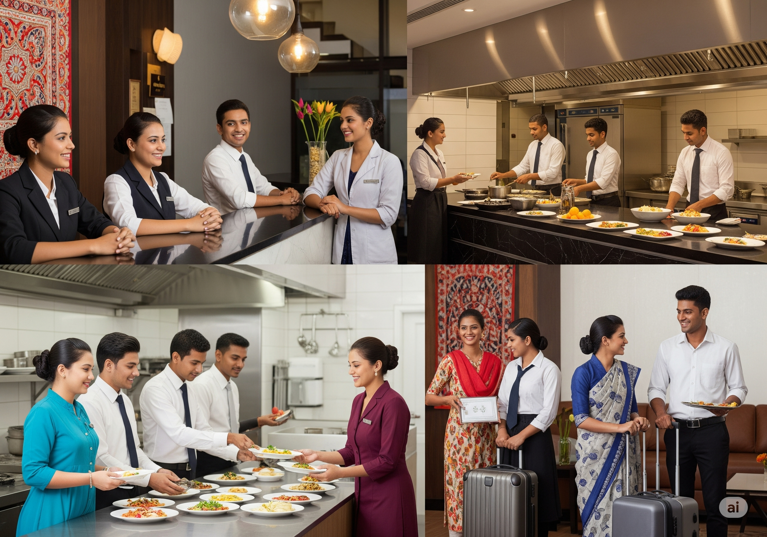 Diverse students in a modern hotel setting, showcasing various hotel management roles