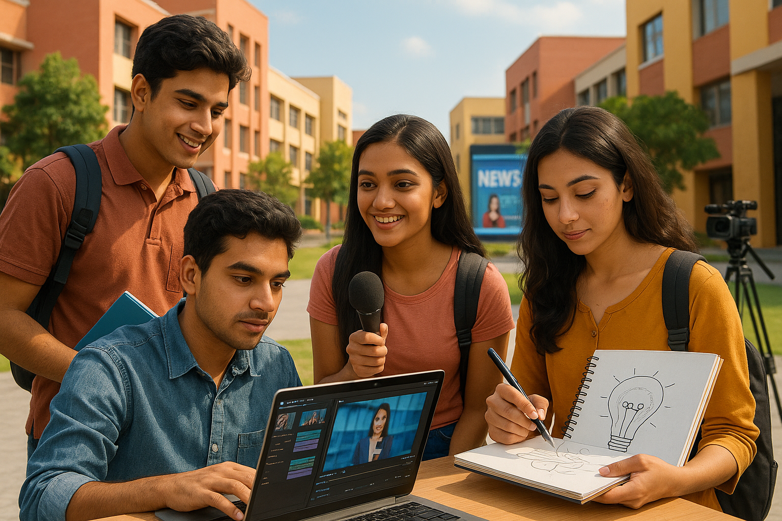 A group of Indian college students engaged in media-related activities on campus—one editing a video on a laptop, one holding a microphone, another sketching a design, and one observing.