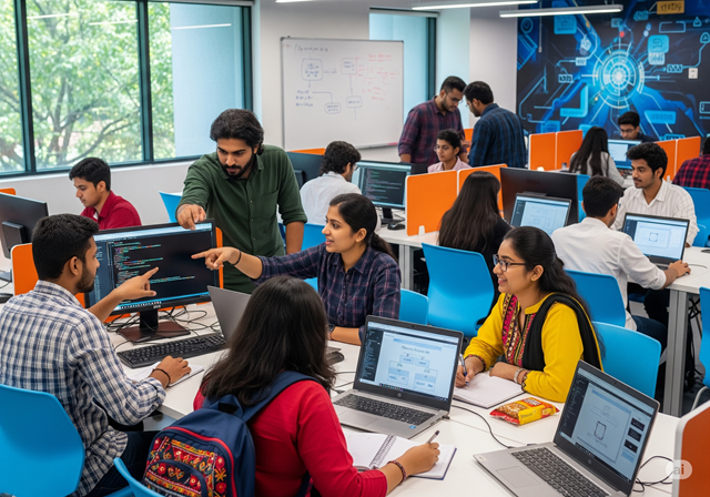Indian students learning Computer Applications on a vibrant campus.
