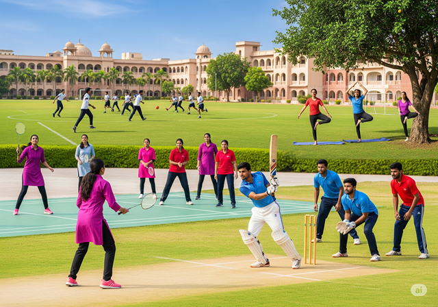 Indian college students playing cricket, badminton, football, and practicing yoga on a vibrant campus.